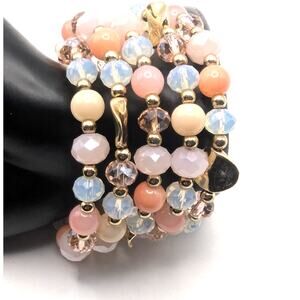 Multi Strand Beaded Bracelet Womens Pink Pastel Glass Gold Tone Stretch Spring